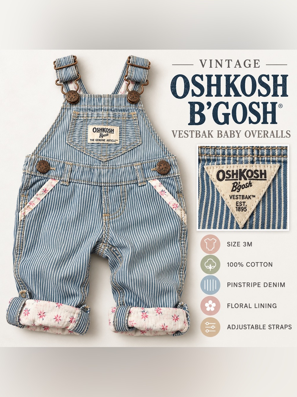 OshKosh B'gosh Light Blue Pinstripe Baby Overalls with Floral Trim